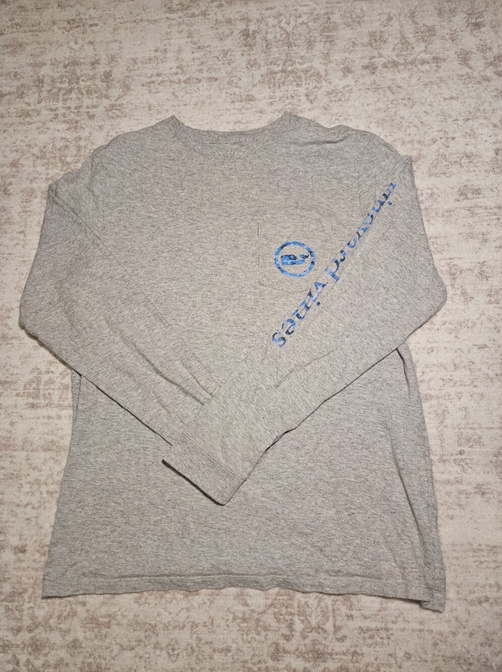 Vineyard Vines Gray Long Sleeve Tee with Blue Logo Sleeve Detail